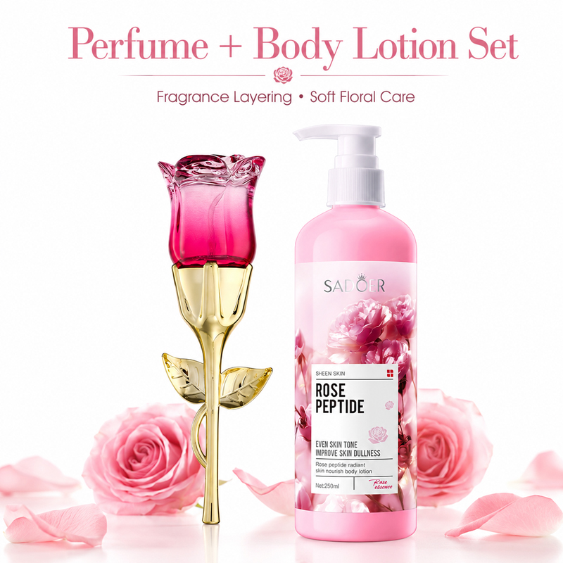 Perfume Fragrance Lotion - ชุดน้ำหอมและโลชั่นบำรุงผิวกายกลิ่นกุหลาบสำหรับผู้หญิง, ชุดน้ำหอมแบบเลเยอร์, กลิ่นหอมดอกไม้ติดทนนาน ชุดของขวัญบำรุงผิว
