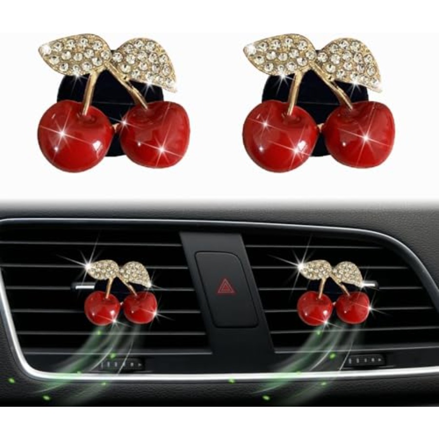 Fragrance Perfume Car - คลิปน้ำหอมปรับอากาศในรถยนต์รูปเชอร์รี่ 2 ชิ้น, คลิปน้ำหอมปรับอากาศติดช่องแอร์ประดับเพชร, ของตกแต่งรถยนต์ กลิ่นสุ่ม